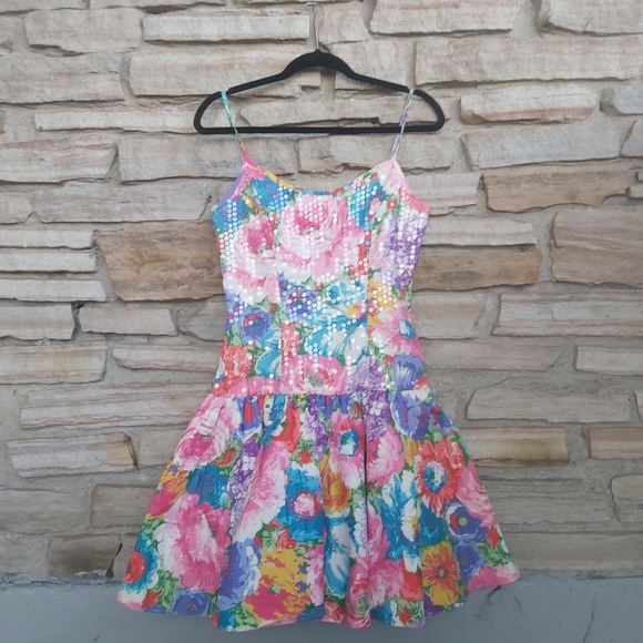 Vintage Dresses & Skirts - Vintage Fairy Kawaii 80's Floral Sequined Tulle Drop Waist Cami Dress